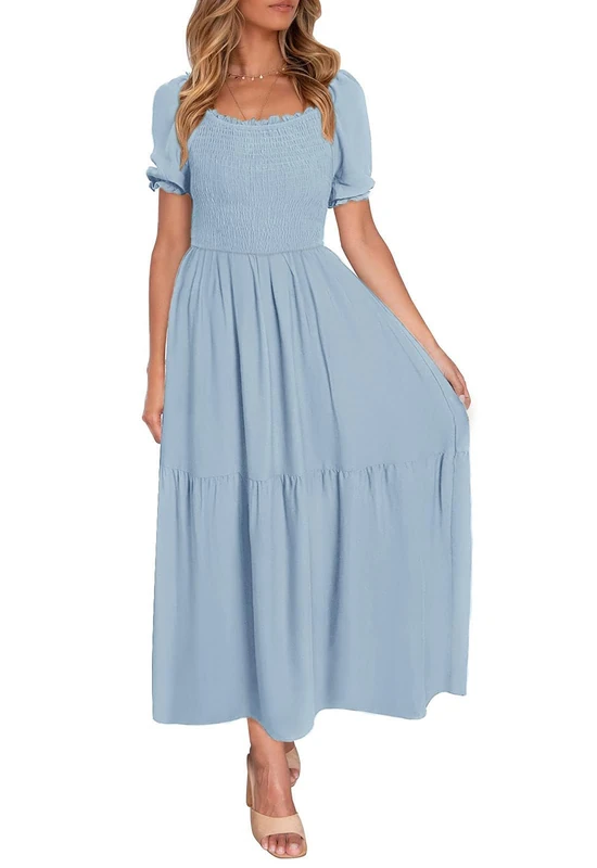 ZESICA Women's 2025 Summer Boho Floral Print Square Neck Ruffle Swing Beach Long Maxi Dress, Lightblue, Medium