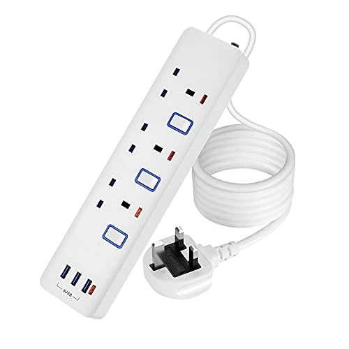 Extension Lead with USB Slots,3 Way Surge Protected Extension Lead,Plug Extension Socket and 1.8M Extension Cable for Home Office Travel,White