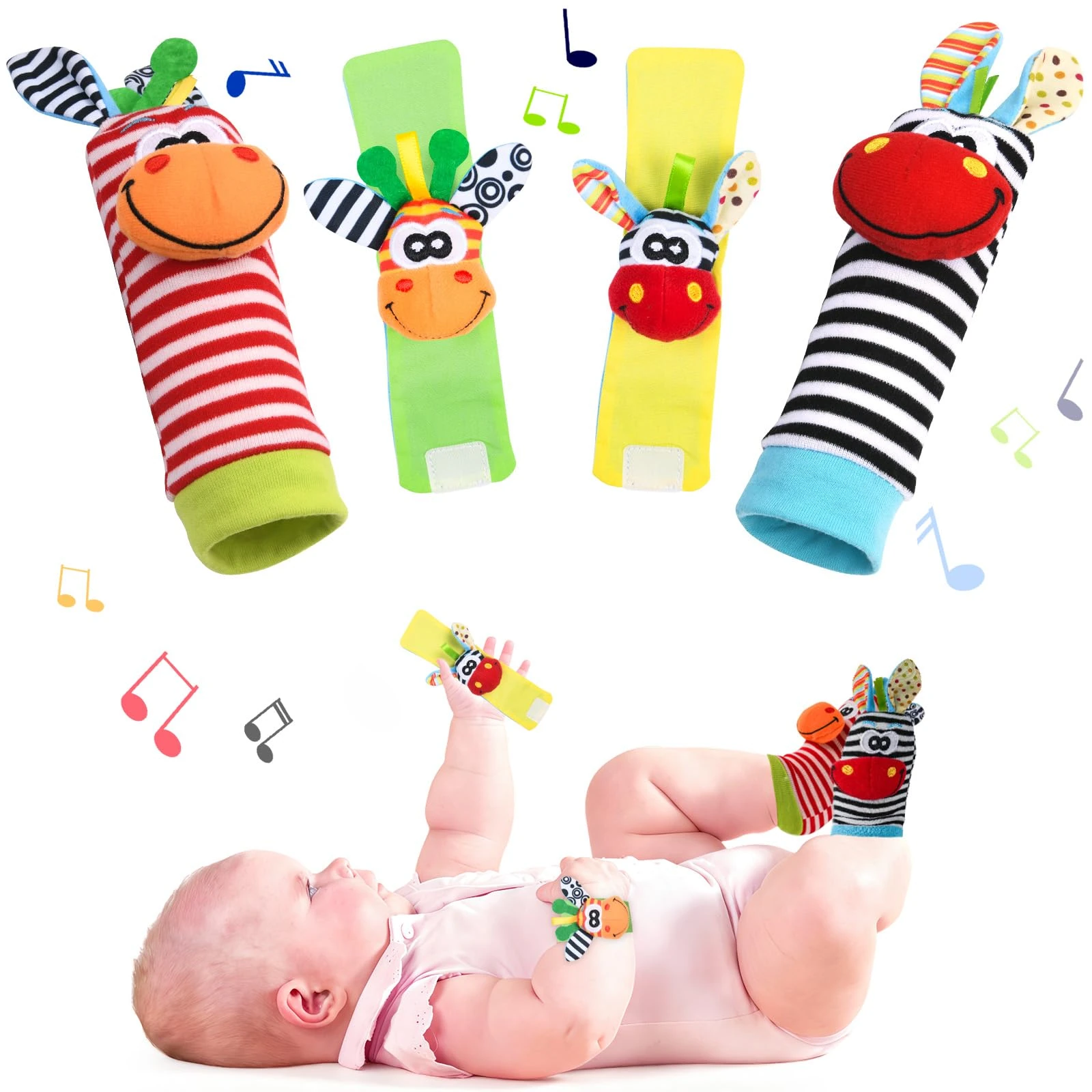 Vicloon Baby Rattle Socks Wrist Strap Rattles Set, 4pcs Foot Finders & Wrist Rattles for Infants, Baby Rattle Toy Animal Wrist Rattle Soft Bell Strap Development Toy Gift for 0-6 Month Babies Boy Girl