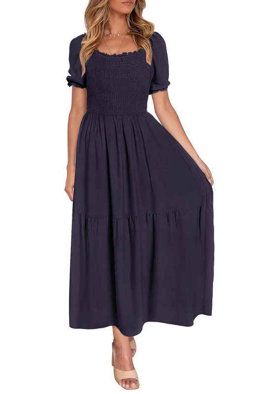ZESICA Women's 2024 Summer Boho Floral Print Square Neck Ruffle Swing Beach Long Maxi Clothes Dress, Navyblue, Large