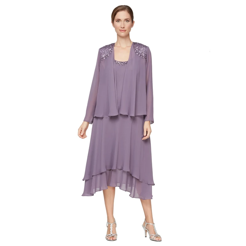 S.L. Fashions Women's Embellished Chiffon Tiered Jacket Dress Special Occasion, ICY Orchid, 10 Petite