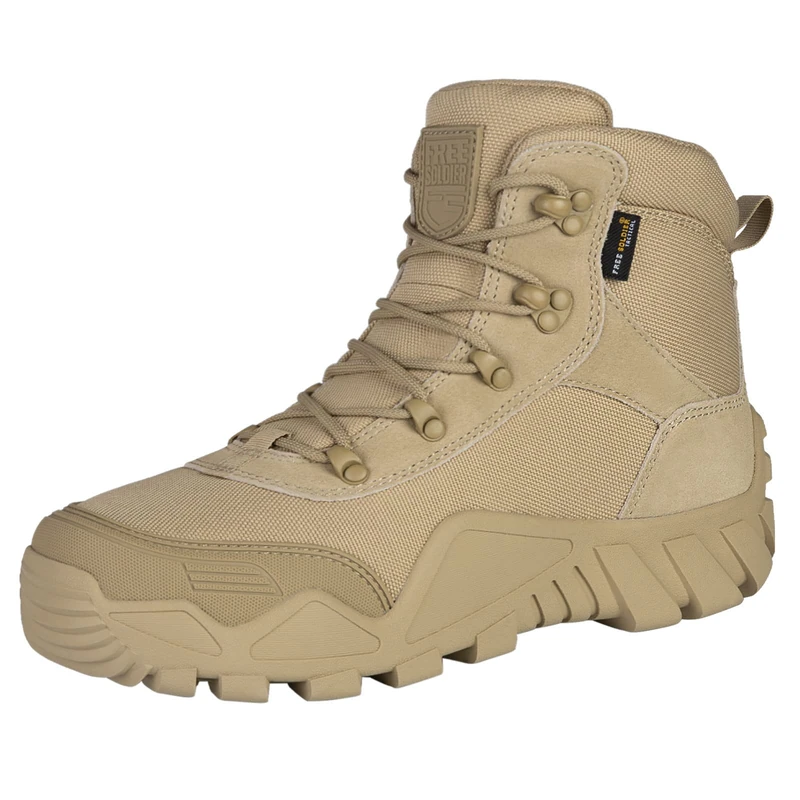 FREE SOLDIER Mens Military Boots mid-top Combat Tactical Boots Lace Up All Terrain Shoes for Hiking, Hunting, Working, Walking, Climbing(Tan,46EU)