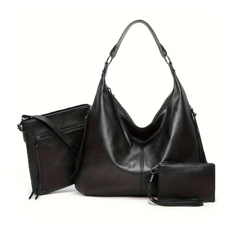 Ashioup Hobo Bags for Women Soft PU Leather Slouchy Bag Shoulder Purse with Zipper, Black Three-piece Suit, One Size
