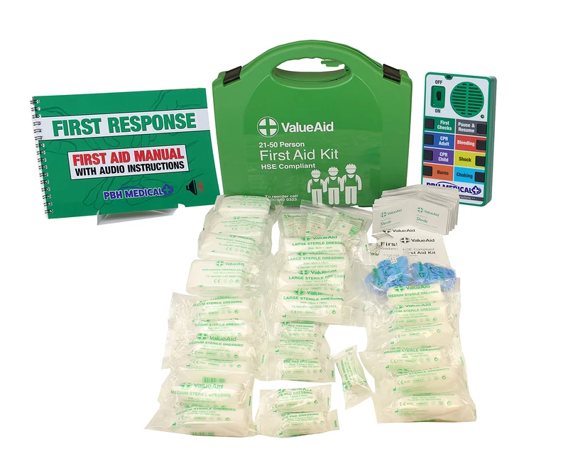 Value Aid HSE Compliant First Aid Kit (21-50 Person) & Talking Guide Bundle