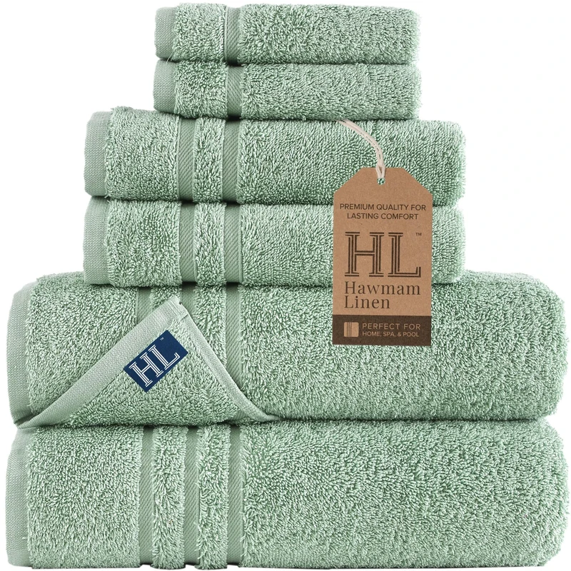 Hawmam Linen Green 6 Piece Bath Towels Set for Bathroom Original Turkish Cotton Soft, Absorbent and Premium 2 Bath Towels, 2 Hand Towels, 2 Washcloths