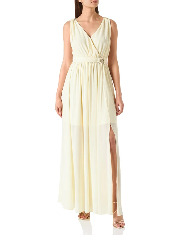 MORGAN Women's Robe Longue Detail Boucle A LA Ceinture 221-RICHARD Dress, Jaune Paille, 8 UK