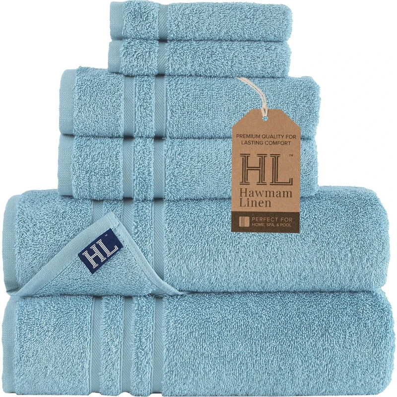 Hawmam Linen Light Blue 6 Piece Bath Towels Set for Bathroom Original Turkish Cotton Soft, Absorbent and Premium 2 Bath Towels, 2 Hand Towels, 2 Washcloths