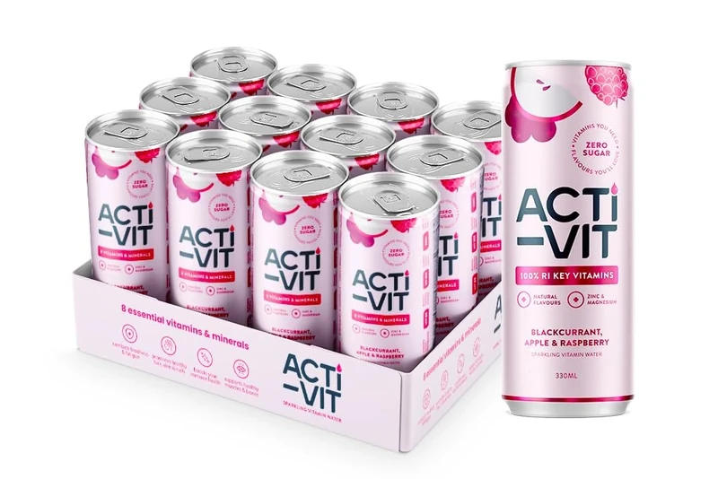 Activit Sparkling Flavoured Vitamin Water Blackcurrant, Apple & Raspberry & with B Vitamins B5, B6, B9, B12, Vitamin C, Vitamin D, Zinc & Magnesium Zero Sugar 12x 330ml Cans