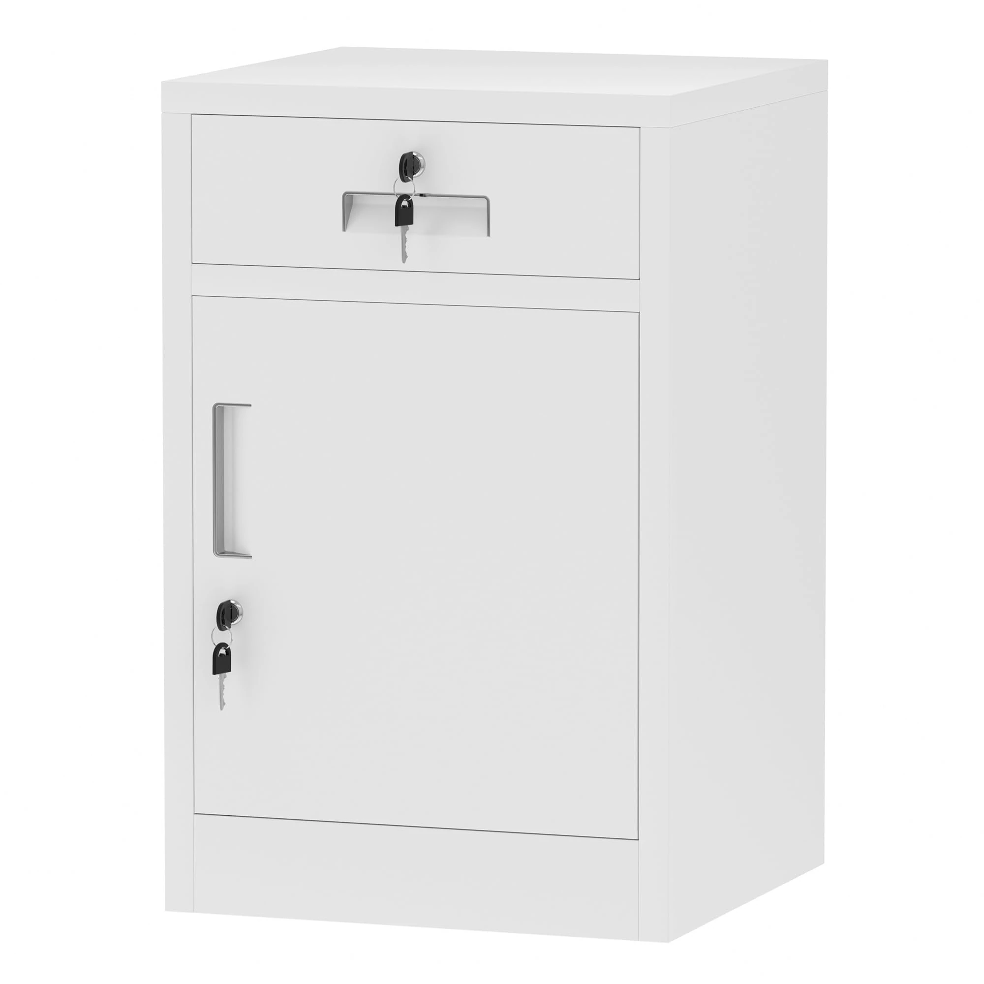 JINGUR Metal Storage Cabinet with Locking Door and Drawer, Lockable Drawer Chest with Adjustable Shelf for Home Office Bedroom Living Room (White)