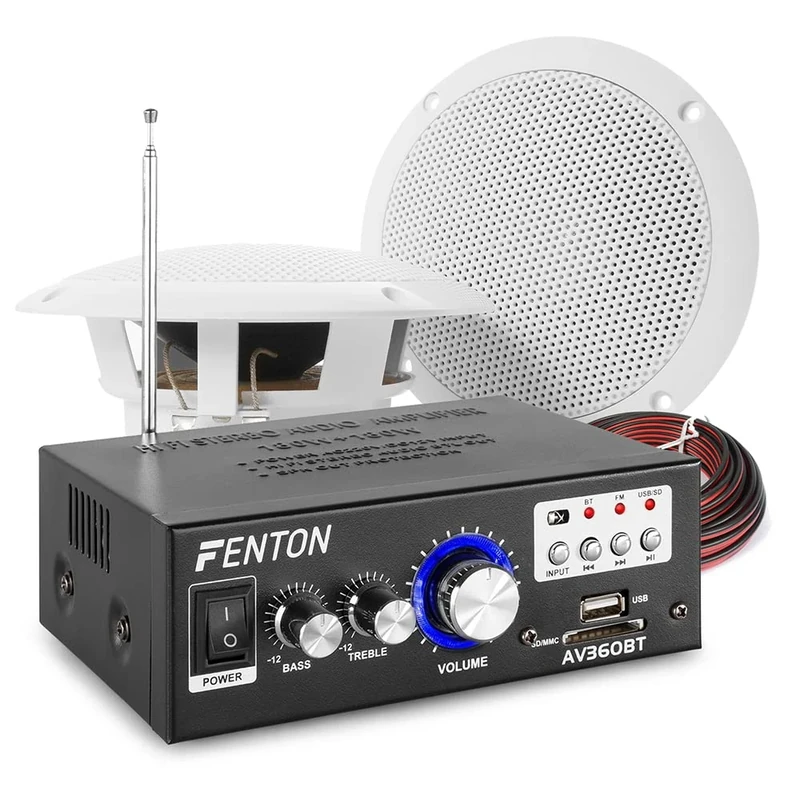 Power Dynamics Bluetooth Ceiling Speaker System with Amplifier FM Radio and MP3 USB for Home Hi-Fi Cafe Restaurant Shop Installation (MS40 Pair)