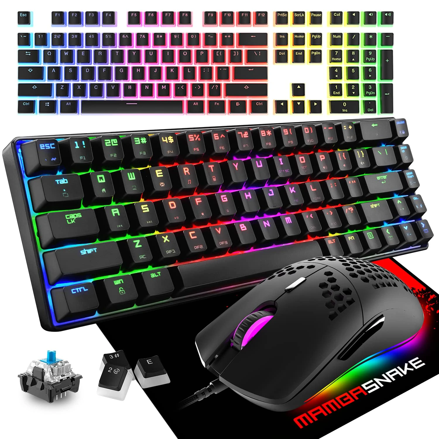60% Mechanical Gaming Keyboard Mini 68 Key Wired USB C 18 Chroma RGB Backlit Effects, Lightweight 6400 DPI Honeycomb Optical Mouse, Large Mouse Pad, 108 Key PBT Pudding Keycaps for PC Gamers Office