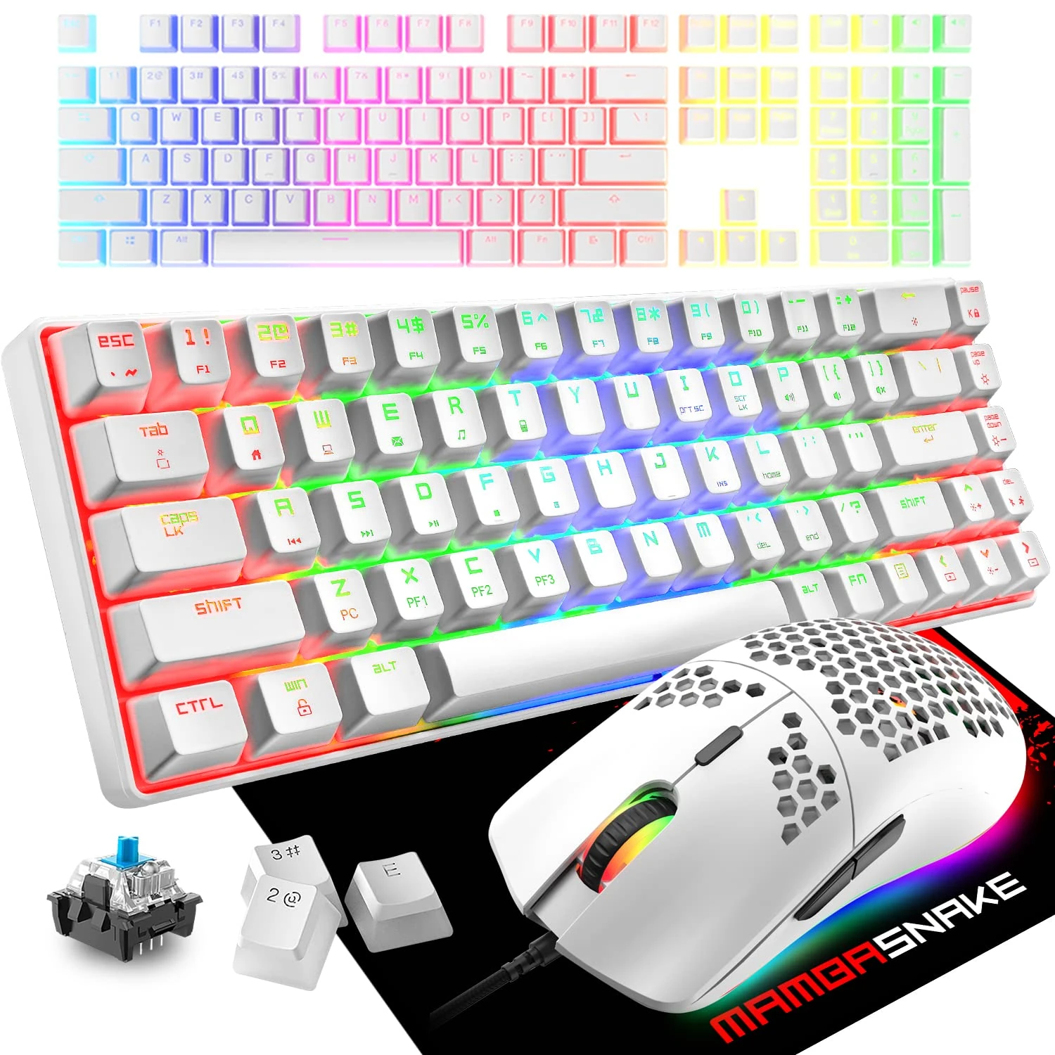 60% Mechanical Gaming Keyboard Mini 68 Key Wired USB C 18 Chroma RGB Backlit Effects, Lightweight 6400 DPI Honeycomb Optical Mouse, Large Mouse Pad, 108 Key PBT Pudding Keycaps for PC Gamers Office