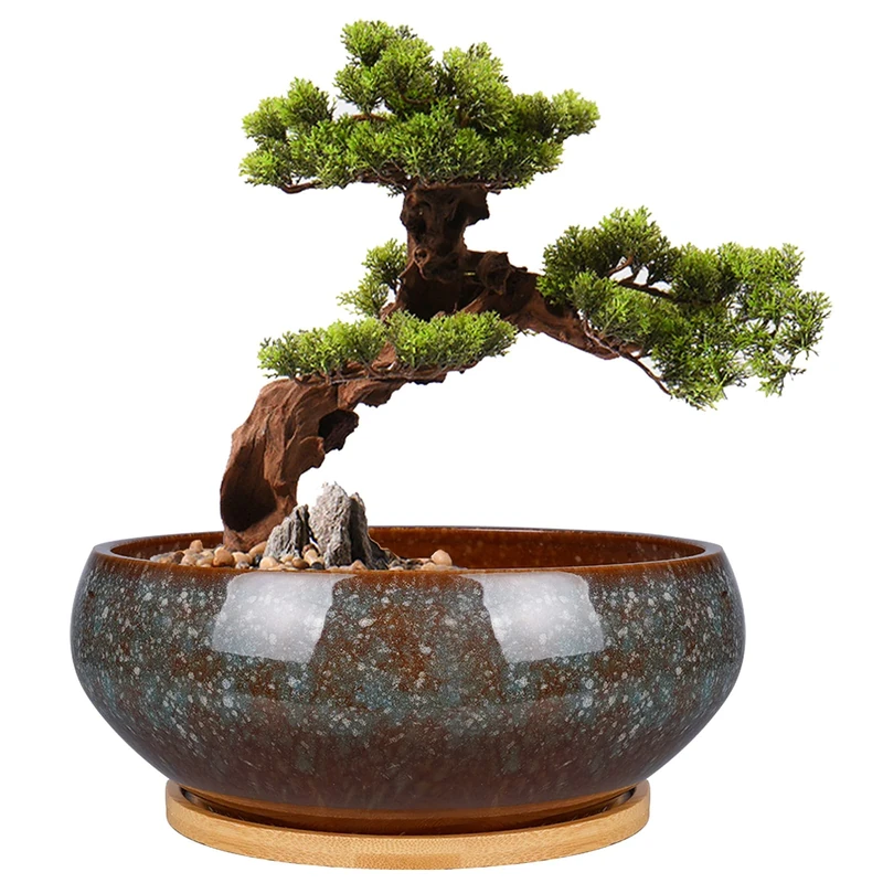 EPFamily 8" Ceramic Bonsai Planter - Drain Hole & Bamboo Saucer Brown