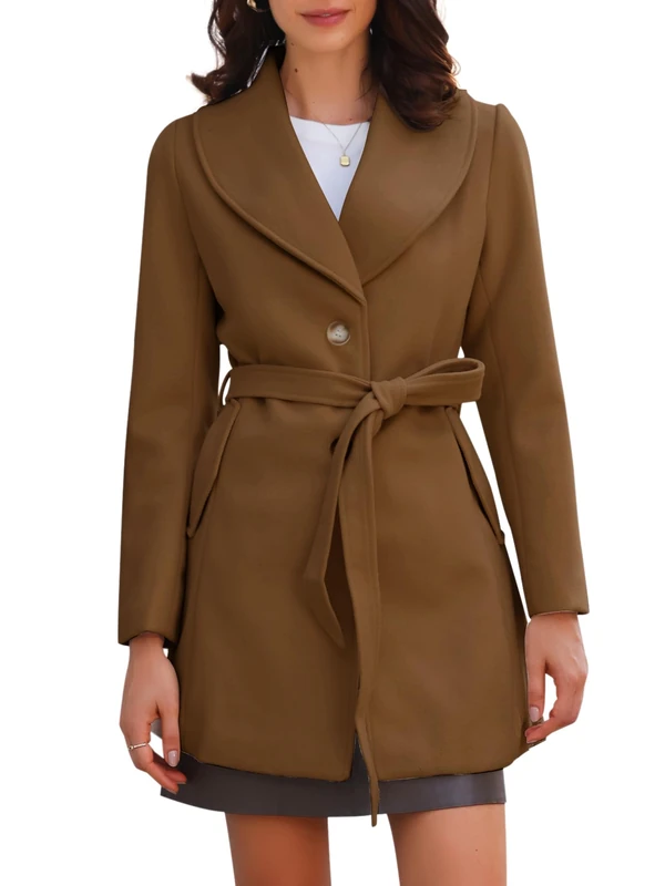 Allegra K Women's Single Breasted Belted Midi Winter Coat Brown L