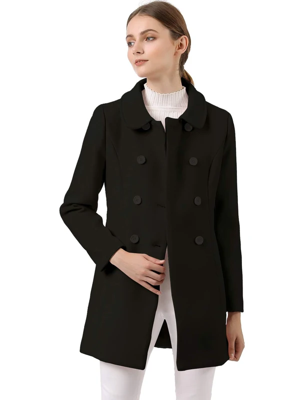 Allegra K Women's Peter Pan Collar Double Breasted Winter Long Trench Pea Coat, Black, XXL