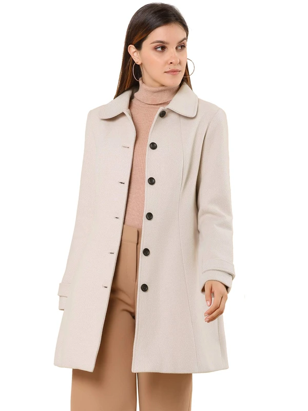 Allegra K Women's Peter Pan Collar Overcoat Single Breasted Pockets Winter Long Coat, Beige, XS
