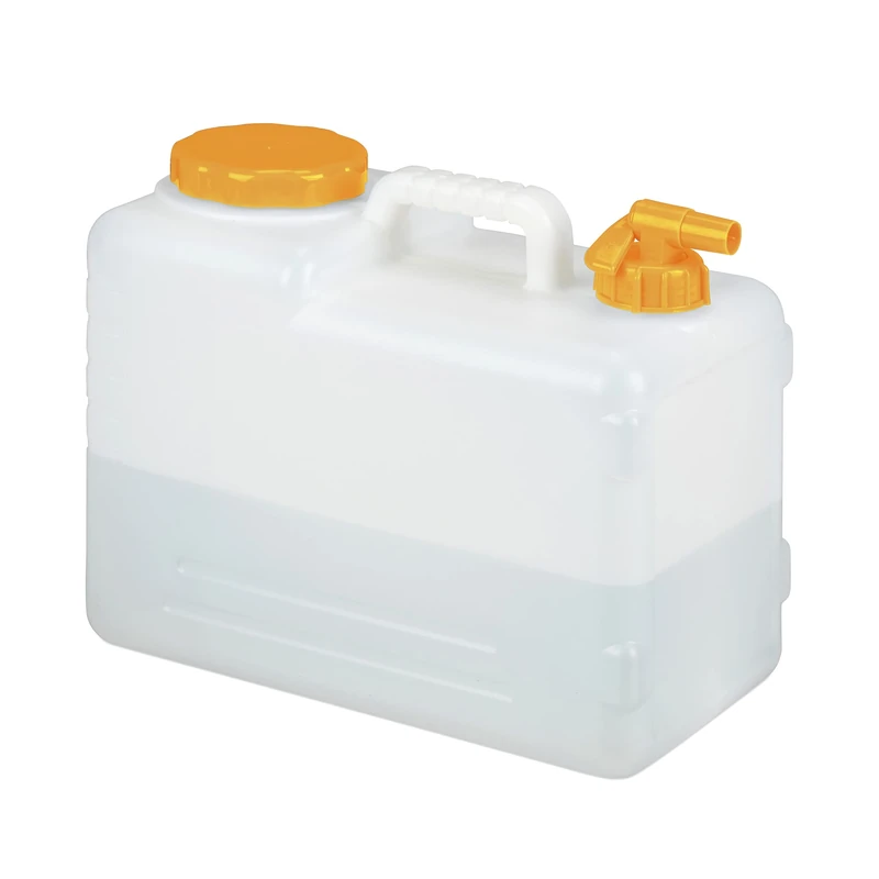 Relaxdays Water Canister with Tap, 15 litres, Camping Container, BPA-Free Plastic, Wide Opening, Handle, White/Orange, 39x22x38 cm
