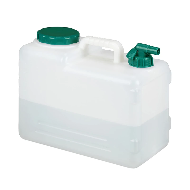 Relaxdays Water Canister with Tap, 15 litres, Camping Container, BPA-Free Plastic, Wide Opening, Handle, White/Green