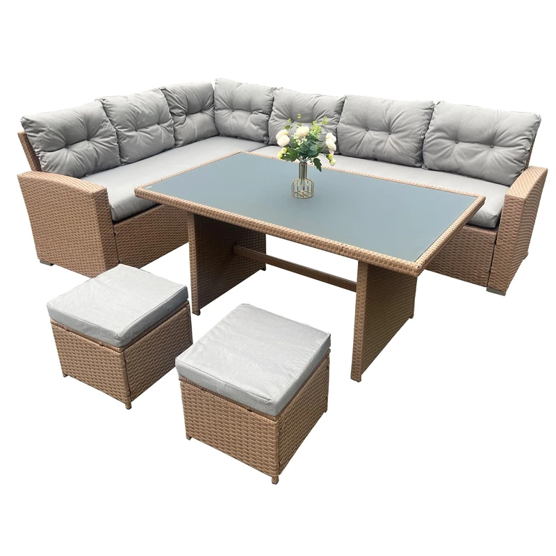 SHATCHI 8 Seater Aluminium Rattan Corner Sofa Set with Dining Table and Footstools – Garden Lounge Set with Thick Cushions – Outdoor Patio Dining Furniture
