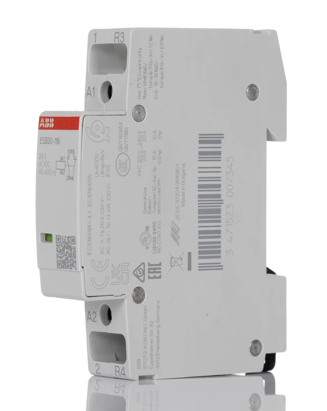 ABB Protecta Plus ESB20-11N-01 Installation Contactor • 20 A Rated Current • 1 NO + 1 NC 2-Pole Modular Contactor • 24 V Control Voltage • DIN Rail Mount 18 mm Width • 1SBE121111R0111