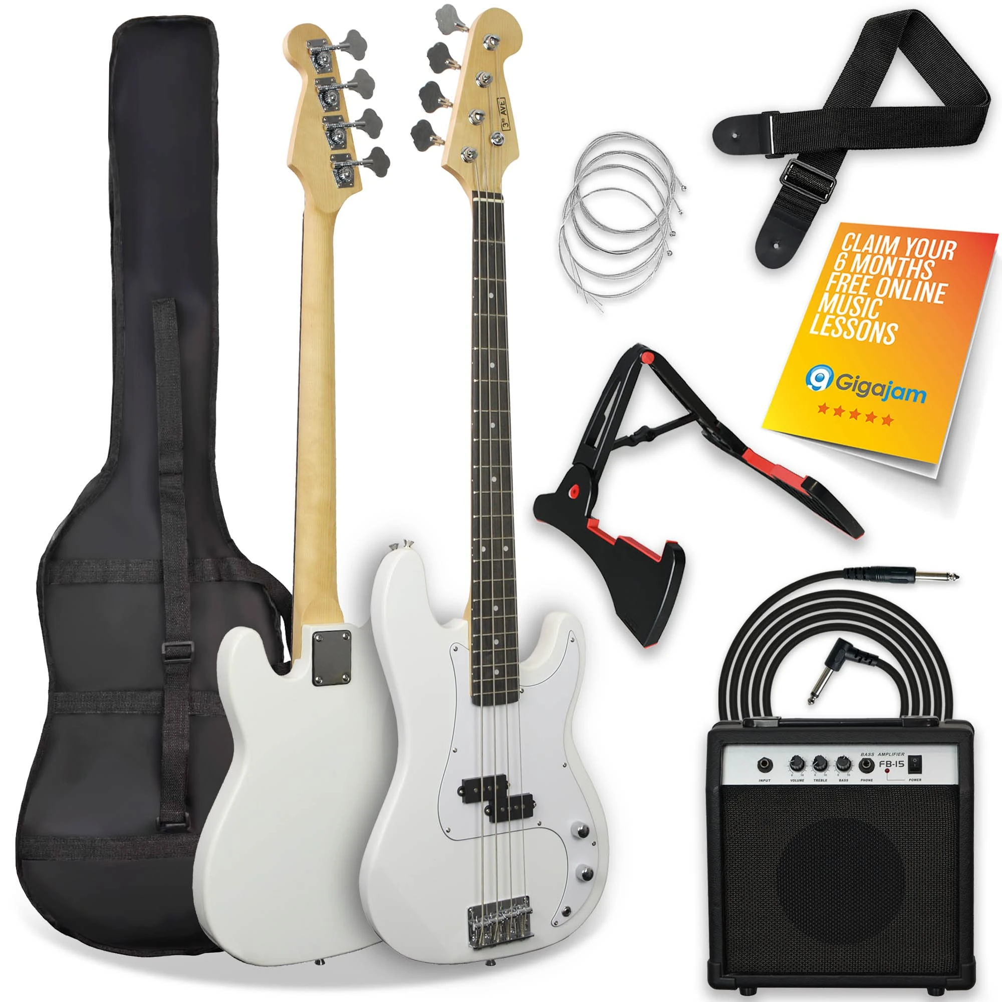 3rd Avenue Full Size 4/4 Electric Bass Guitar Beginner Pack Kit with 15W Amplifier, Bag, Cable, Strap, Stand and Spare Strings – White