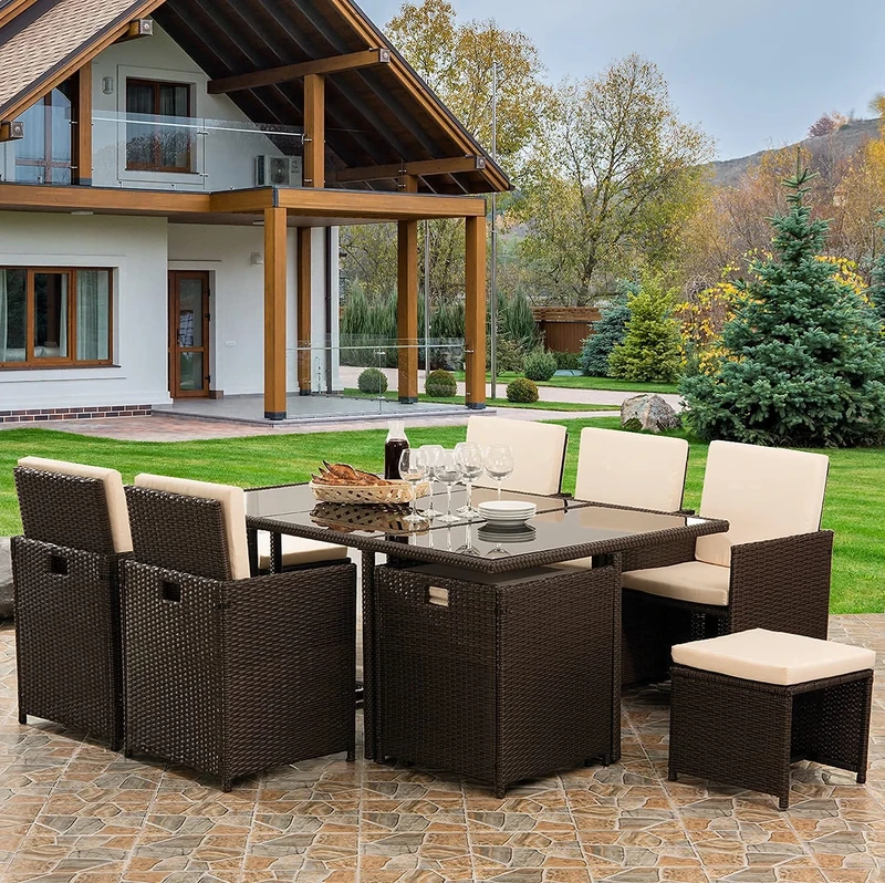 KEPLIN 11pc Rattan Garden Furniture Set – Outdoor Lounger Sofa, Chairs and Table Bistro Set for Lawn, Patio, Inside Conservatory – Easy to Store, Stackable, Ideal for Dining in the Sun - BROWN