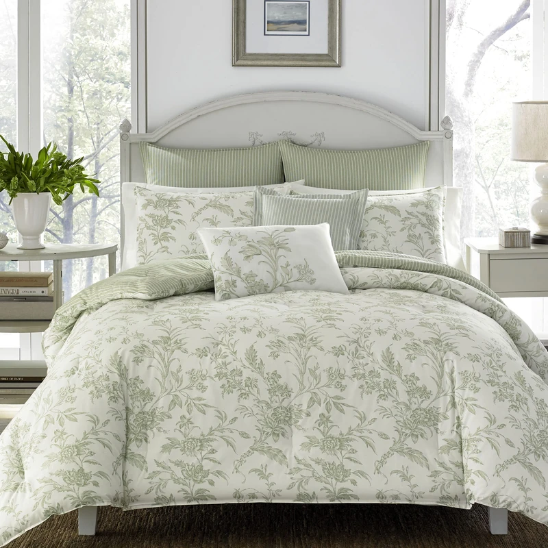 Laura Ashley Reversible Cotton Bedding with Matching Shams, Home Decor for All Seasons, Natalie Sage, Queen - Image 1