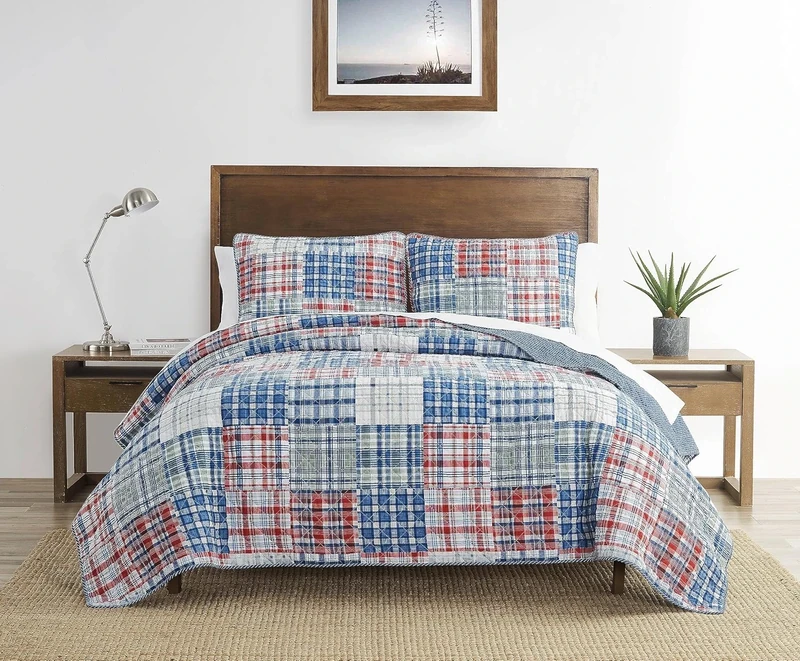 Nautica All Season Cotton Home Bedding, Lightweight & Reversible, Raeford Blue/Red/Green, Twin