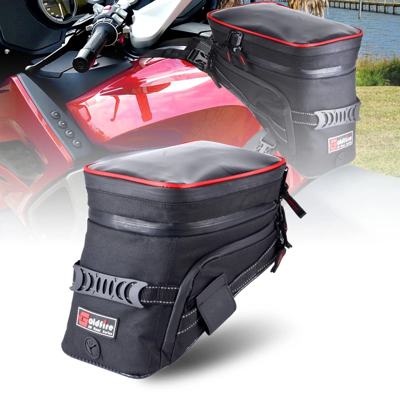 Goldfire Motorcycle Tank Bag with Strong Strap Reflective Water Resistant Red Piping
