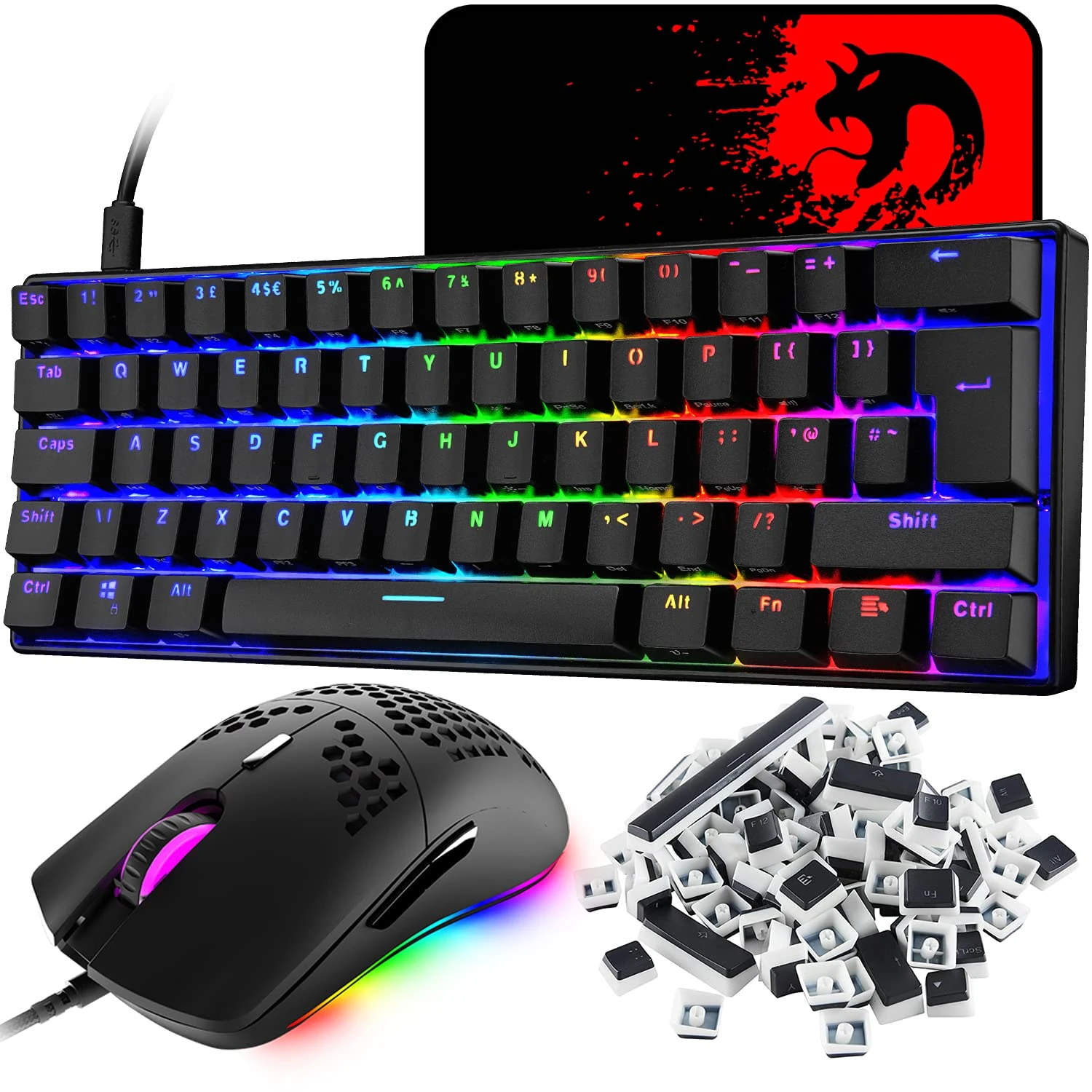 UK Layout 60% Mechanical Gaming Keyboard Mini 62 Keys Wired USB C 14 Chroma RGB Backlit Effects, Lightweight 6400 DPI Honeycomb Optical Mouse, 108 Key PBT Pudding Keycaps for PC Gamers Office