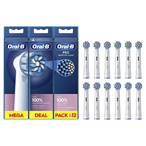 Oral-B Pro Sensitive Clean Electric Toothbrush Head, X-Shaped & Extra Soft Bristles for Gentle Brushing & Plaque Removal, Pack of 12 Toothbrush Heads, White