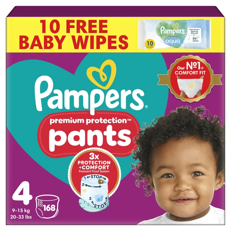 Pampers Premium Protection Nappy Pants Size 4, 168 Nappies, 9kg-15kg, Monthly Pack + Pampers Harmonie Aqua Baby Wipes 1 pack of 10 Wipes