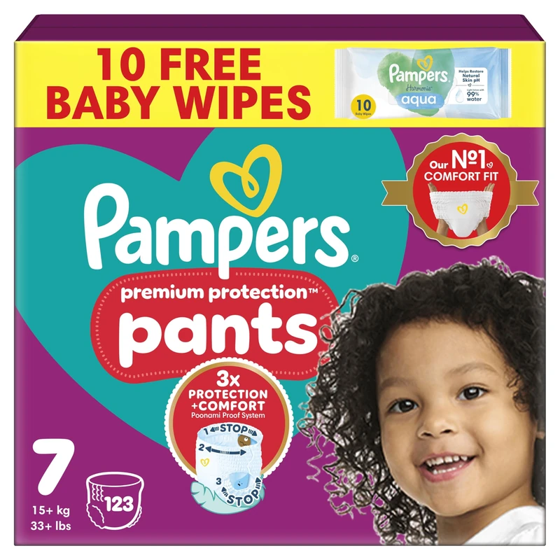Pampers Premium Protection Nappy Pants Size 7, 123 Nappies, 15kg+, Monthly Pack + Pampers Harmonie Aqua Baby Wipes 1 pack of 10 Wipes-