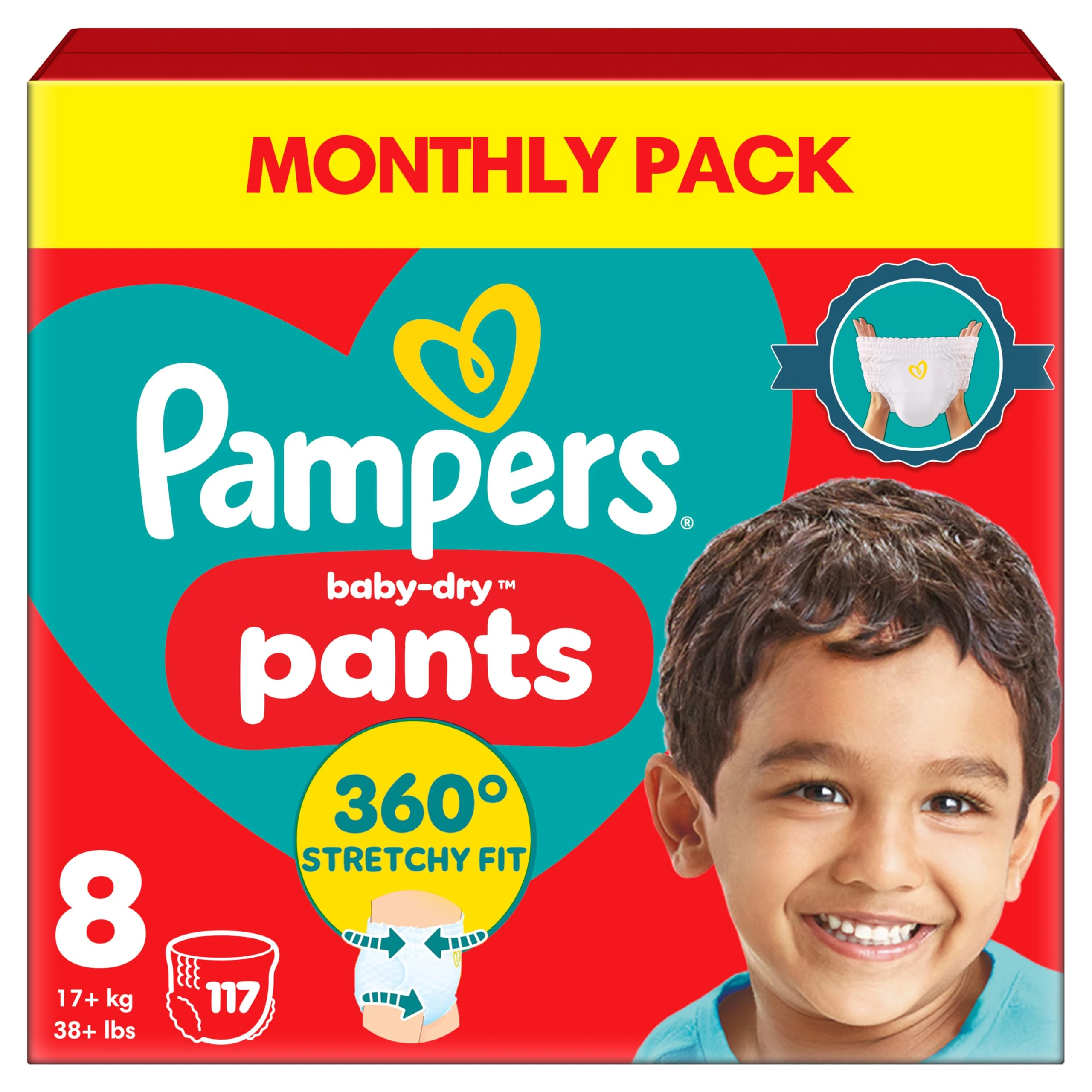 Pampers Baby-Dry Nappy Pants Size 8, 117 Nappies, 17kg+, Monthly Pack, 360° Fit To Help Prevent Gaps And Leaks