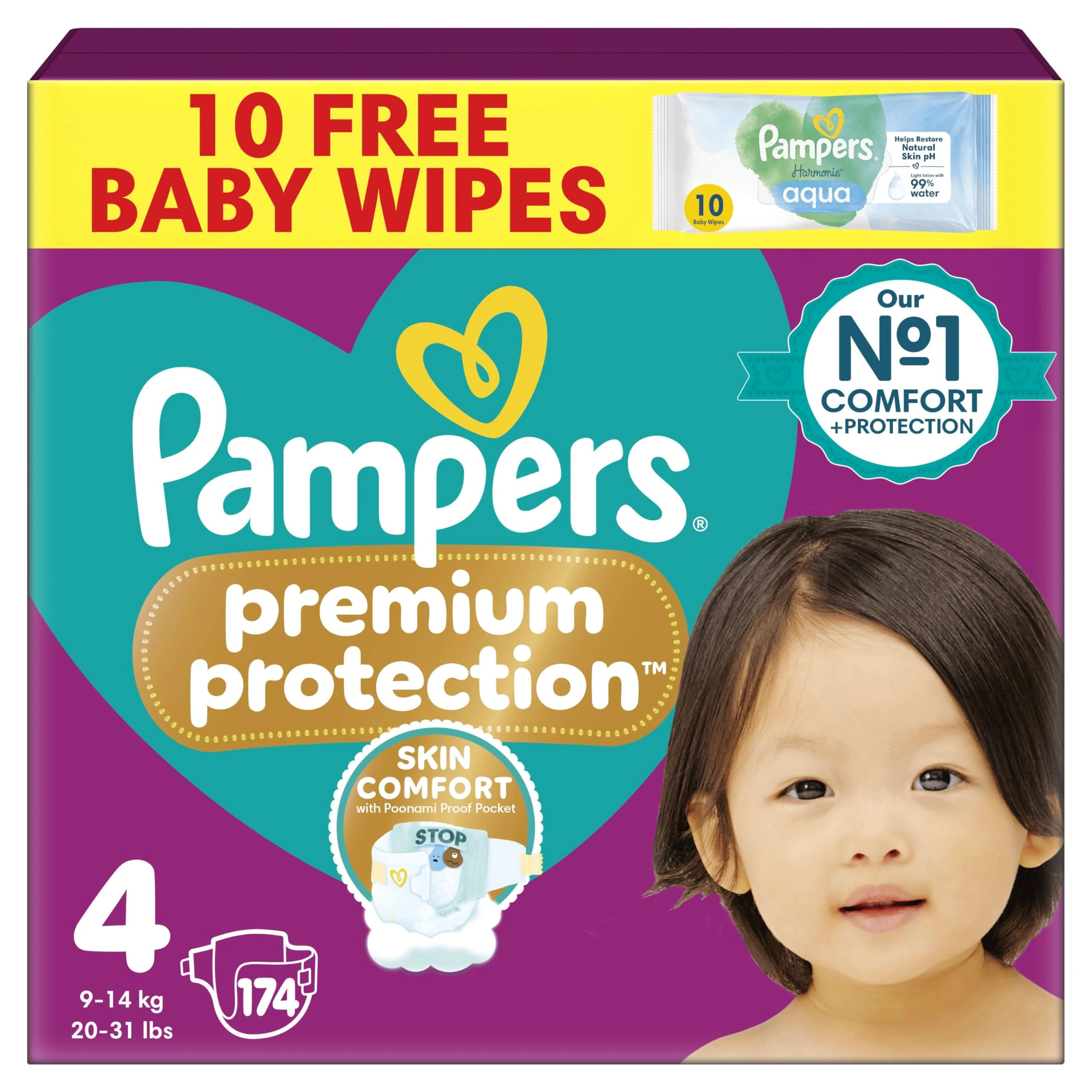 Pampers Premium Protection Size 4, 174 Baby Nappies, 9kg-15kg, Monthly Pack with Pampers Harmonie Aqua Baby Wipes 1 Pack of 10 Wipes