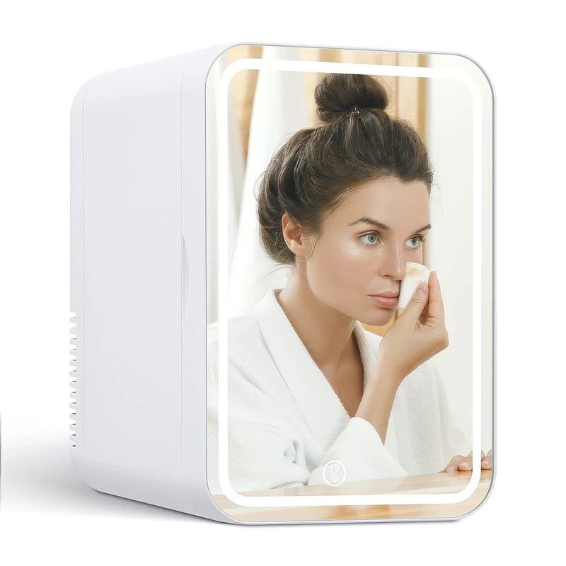 softeen Mini Fridge with Light Up Mirror, Easy Operation with Touch Key and Adjustable Brightness (3 Modes, Warm White), 6 Liters for Skin Care, Medications,2 Power Cords,Home Plug and 12V Car Plug