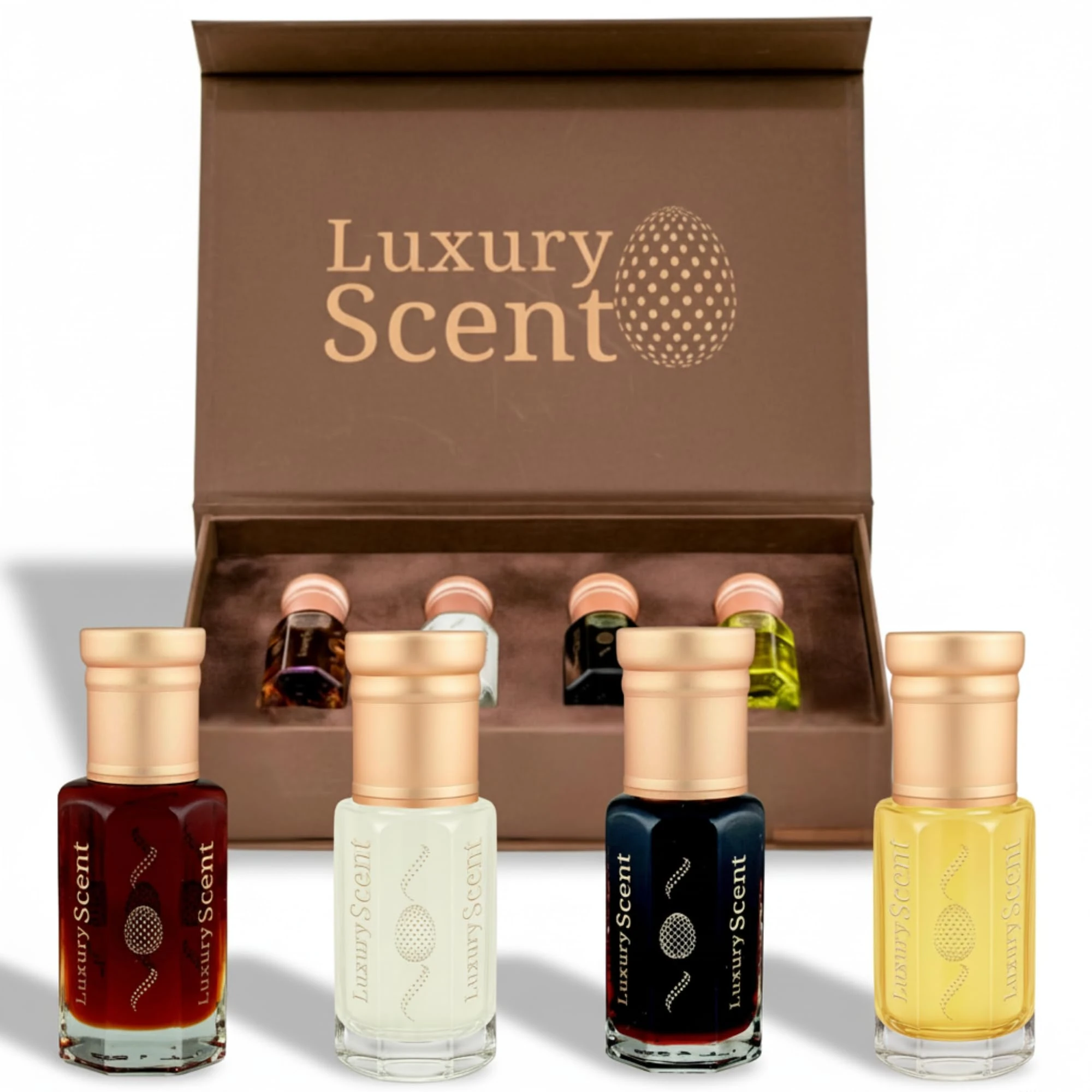 Perfume Oil Roll On Gift Set 4×6ml – Alcohol Free Long Lasting Fragrance Oils with Arabian Oud, Patchouli, White Musk Tahara & Golden Dust – Vegan, Cruelty Free, Unisex Perfume Collection