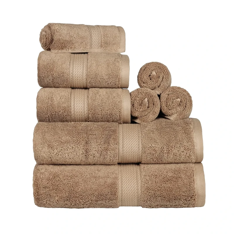 Superior Egyptian Cotton 8-Piece Solid Towel Set, Washcloths 13” x 13”, Hand Towels 20” x 30”, Bath Towels 30” x 55”, Latte, 8-Pieces