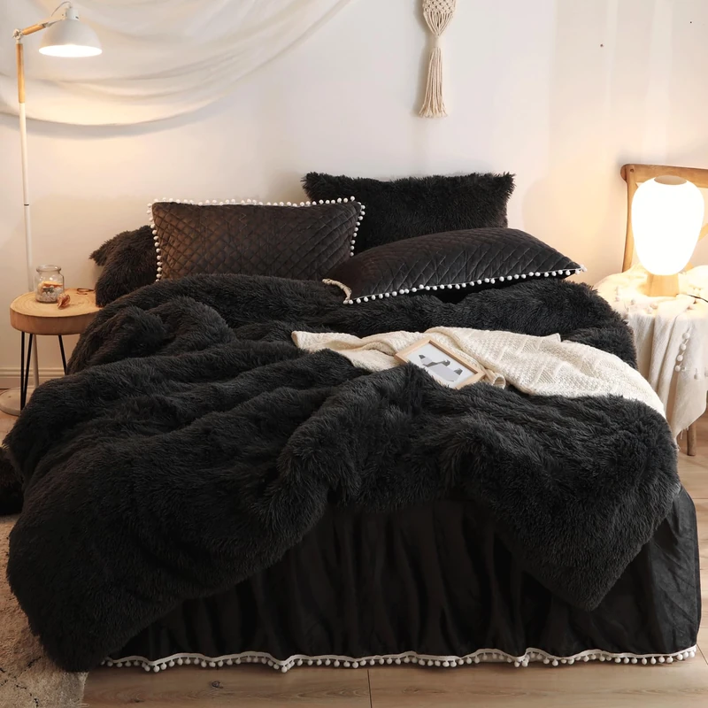 HAIHUA Faux Fur Black Comforter Cover Twin Set, Fuzzy Black Twin Bedding Set 2 Pieces (1 Fluffy Duvet Cover + 1 Plush Plush Pillow Cases) Furry Bed Set, Fluffy Bed Set, Zipper Closure