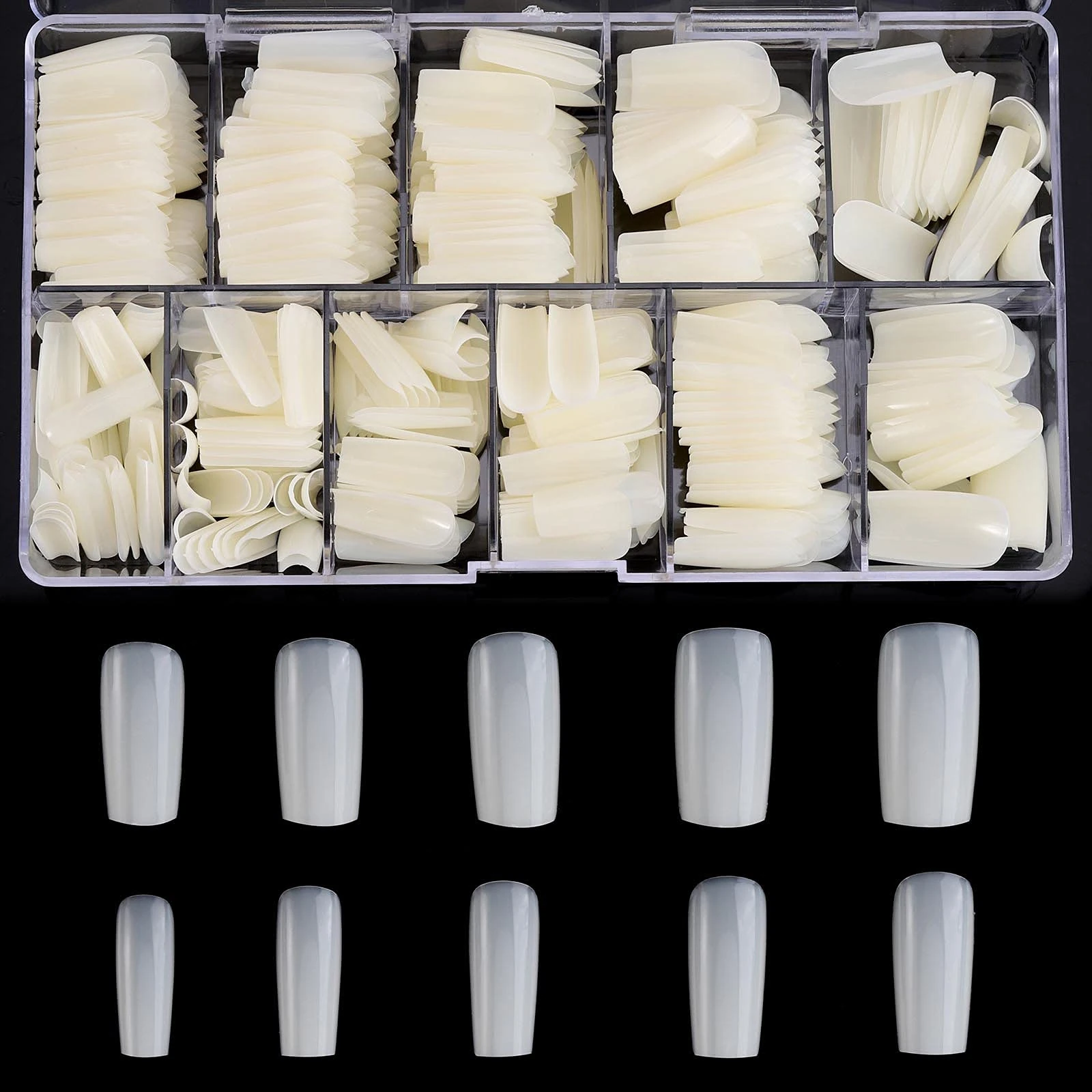 Square Shaped Acrylic Nail Tips 500PCS Full Cover False Nails with Case for DIY Nail Art, 10 Sizes