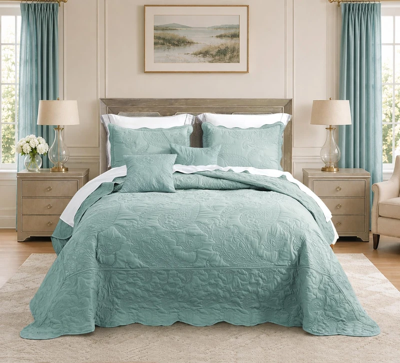 HZ & HY Oversized King Quilt Bedspread, Quilted Coverlet Bedding Set King Size, Lightweight Thin Comforter, Reversible, Luxurious, 5 Piece, 100% Microfiber, Seaglass