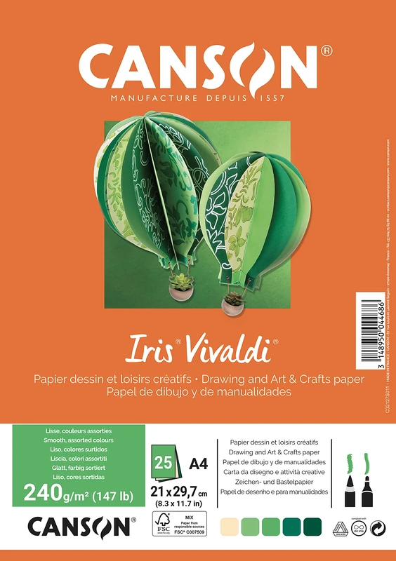 Canson Iris VivaldiA4 Pack of 25 Sheets 240 g/m² Assorted Colours Cream/Green/Brown - Image 1