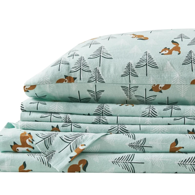 Comfort Spaces Cotton Flannel Breathable Warm, Deep Pocket Sheets with Pillow Case Bedding, Full, Seafoam Foxes 4 Piece