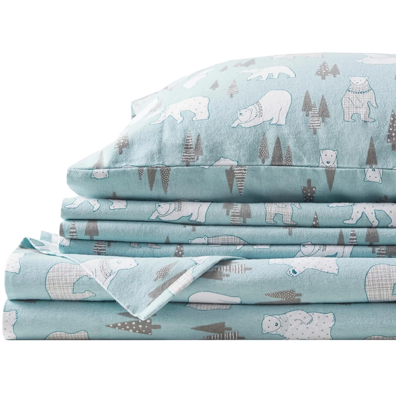 Comfort Spaces Cotton Flannel Breathable Warm Deep Pocket Sheets with Pillowcase Bedding Queen Size Blue Polar Bears Pack of 4