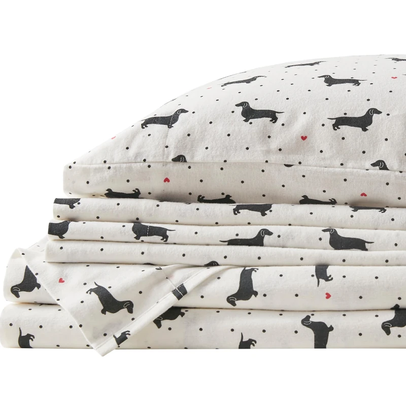 Comfort Spaces Cotton Flannel Breathable Warm, Deep Pocket Sheets with Pillow Case Bedding, Queen, Black Dog 4 Piece