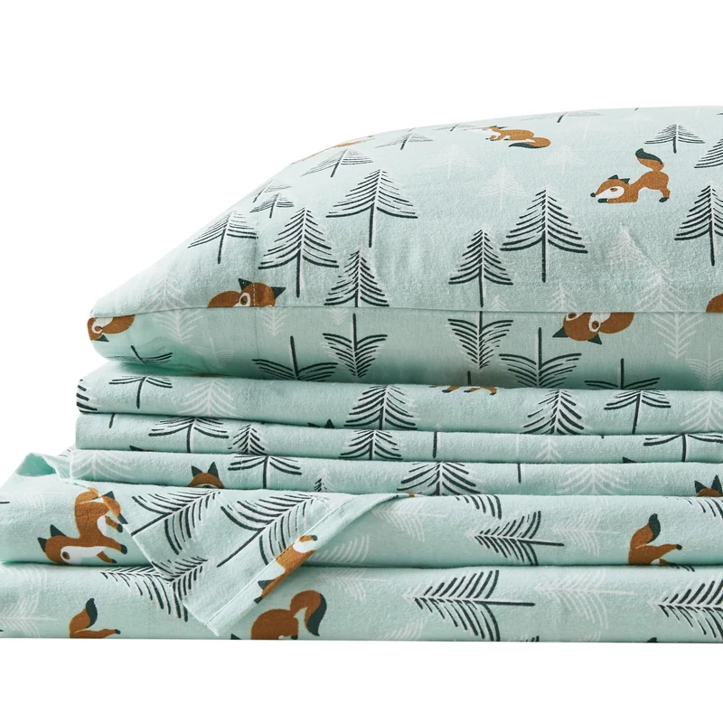 Comfort Spaces Cotton Flannel Breathable Warm, Deep Pocket Sheets with Pillow Case Bedding, Queen, Seafoam Foxes 4 Piece