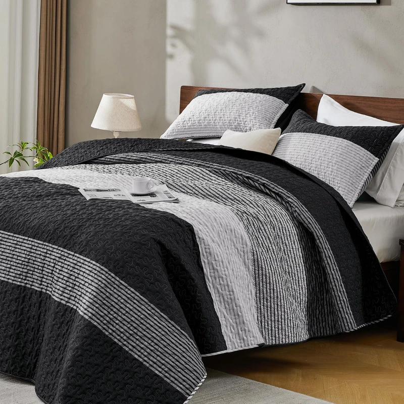 Andency King Size Quilt Set Black and White, 3 Pieces Grey Ultra Soft Lightweight Bedspreads & Coverlets Set, Patchwork Striped Quilted Bedding Sets for All Seasons (1 Quilt, 2 Pillow Shams)