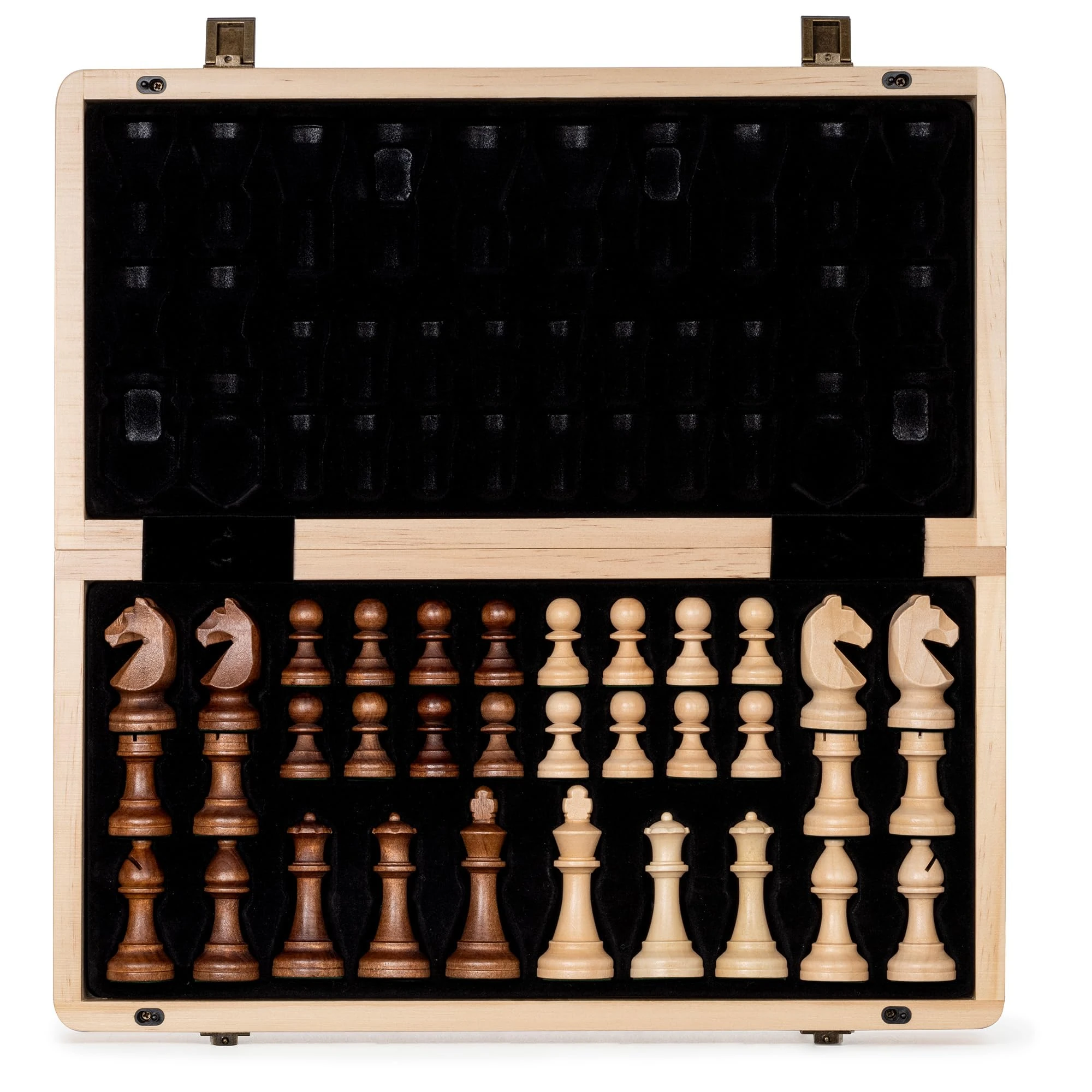 A&A 15" Magnetic Wooden Chess Set/Folding Board / 3" King Height German Knight Staunton Chess Pieces/Walnut & Maple Inlaid /2 Extra Queen