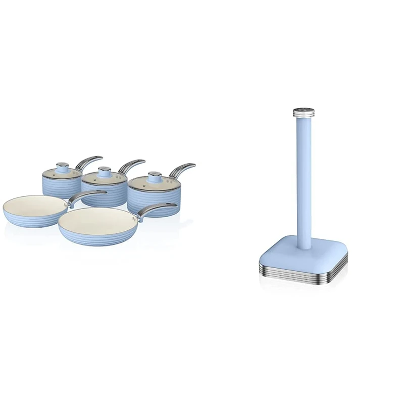 Swan SWPS5020BLN Retro Induction Pan Set, Non Stick Ceramic Coating, Blue, 5 Piece,16/18/20 cm Saucepans, 20/28 cm Frying Pans & SWKA1040BLN Retro Kitchen Roll Holder with Steel Weighted Base, Blue