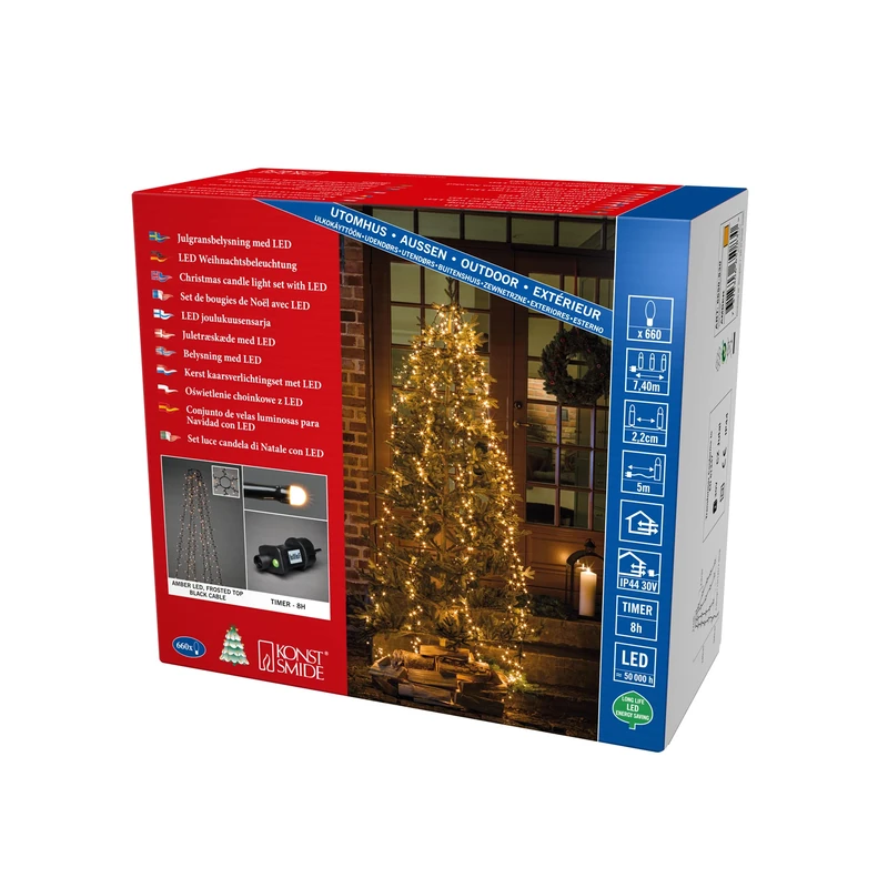 Konstsmide Micro LED Compactlights Tree Coat with Ring, 6 Strands of 110 Frosted Diodes, 8h Timer, 660 Amber Diodes, 30V External Transformer (IP44), 6W, Black Cable